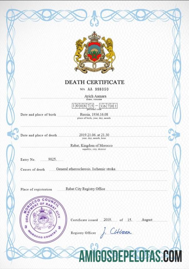 Realista modelo PSD de certidão de óbito de registro vital de Marrocos